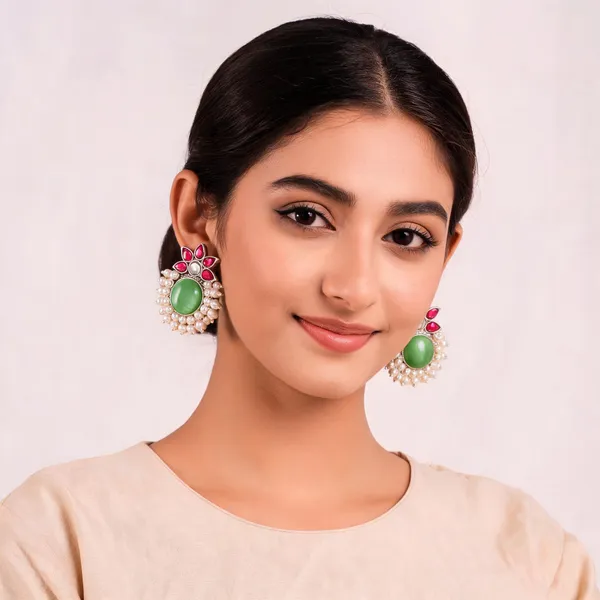 Green_Floral_Pearl_Fringe_Earrings_For_Women