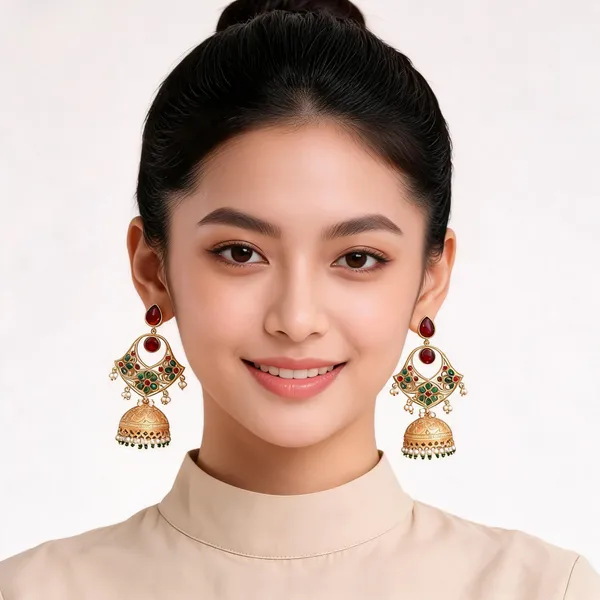 Gold_Tone_Red_Green_Jhumka_Earrings_For_Women