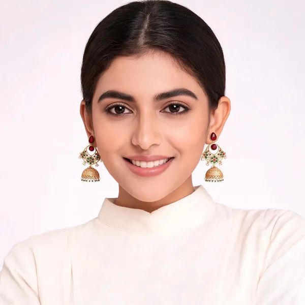Gold_Tone_Red_Green_Jhumka_Earrings_For_Women