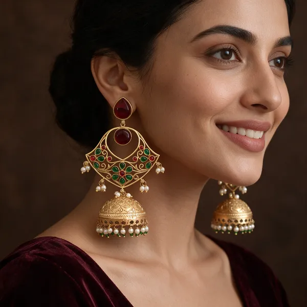 Gold_Tone_Red_Green_Jhumka_Earrings_For_Women