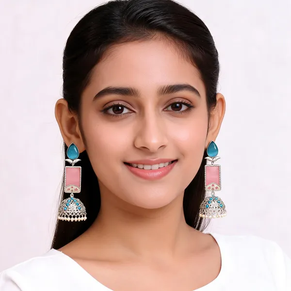 Blue_And_Pink_Stone_Silver_Tone_Jhumka_Earrings_For_Women