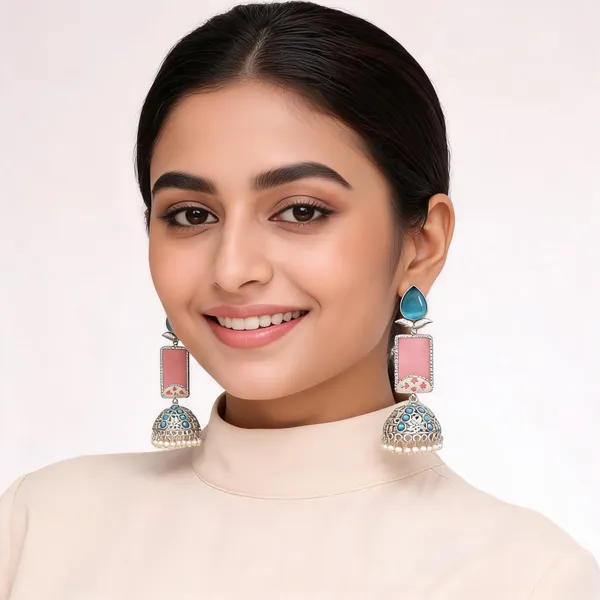 Blue_And_Pink_Stone_Silver_Tone_Jhumka_Earrings_For_Women