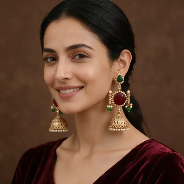 Gold_Tone_Red_Green_Stone_Jhumka_Earrings_For_Women