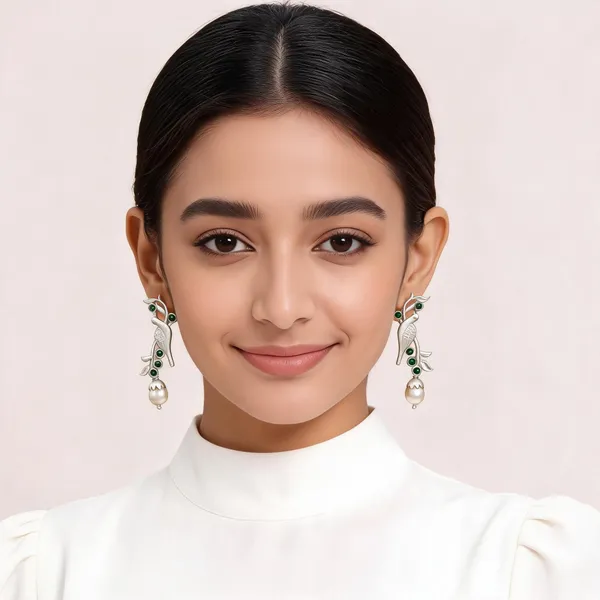 Silver_Tone_Green_Stone_Pearl_Drop_Earrings