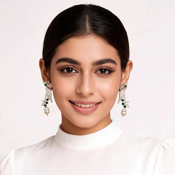 Silver_Tone_Green_Stone_Pearl_Drop_Earrings