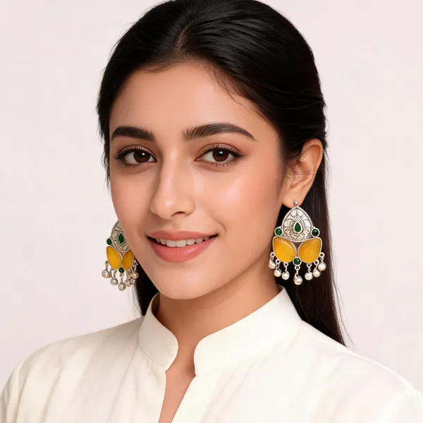 Silver_Tone_Traditional_Green_Yellow_Earrings_For_Women
