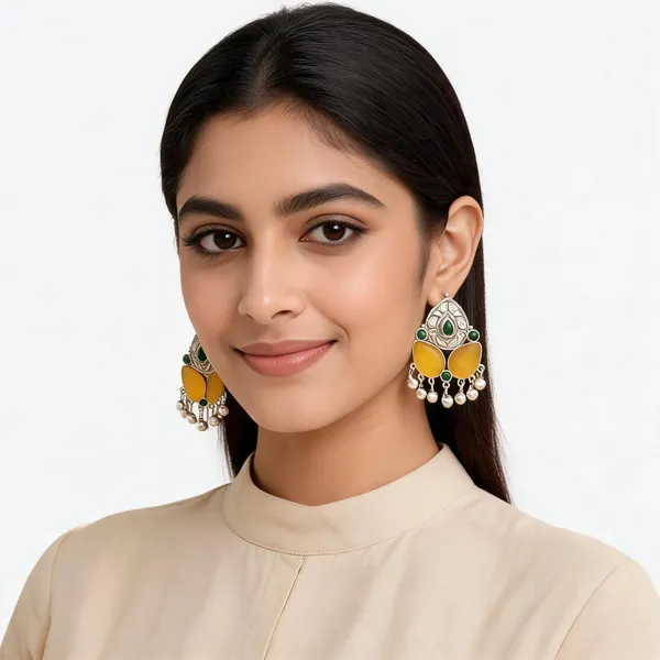 Silver_Tone_Traditional_Green_Yellow_Earrings_For_Women