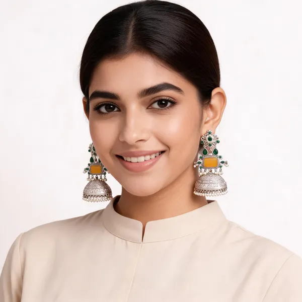 Green_And_Orange_Silver_Tone_Jhumka_Earrings_For_Women