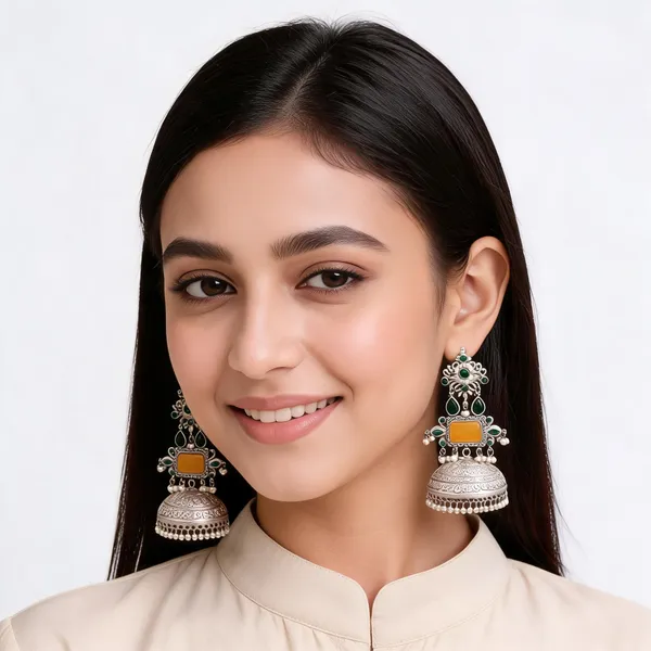 Green_And_Orange_Silver_Tone_Jhumka_Earrings_For_Women