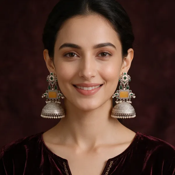 Green_And_Orange_Silver_Tone_Jhumka_Earrings_For_Women