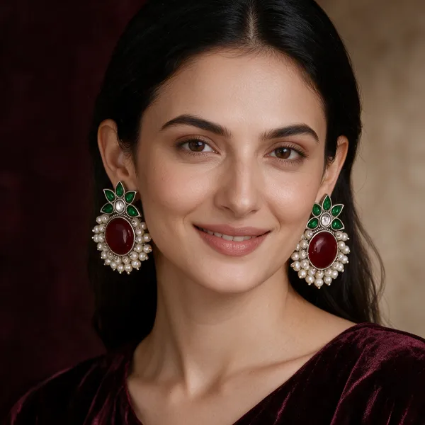 Red_Green_Stone_Pearl_Earrings_For_Women