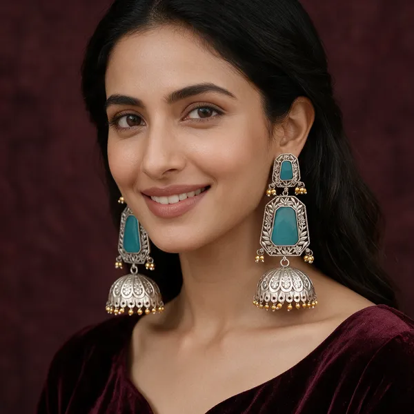 Silver_Tone_Turquoise_Jhumka_Earrings_For_Women