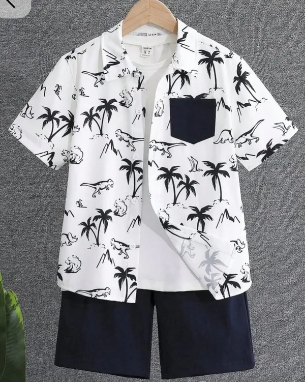White_Printed_Shirt_And_Navy_Shorts_Set_for_Boys