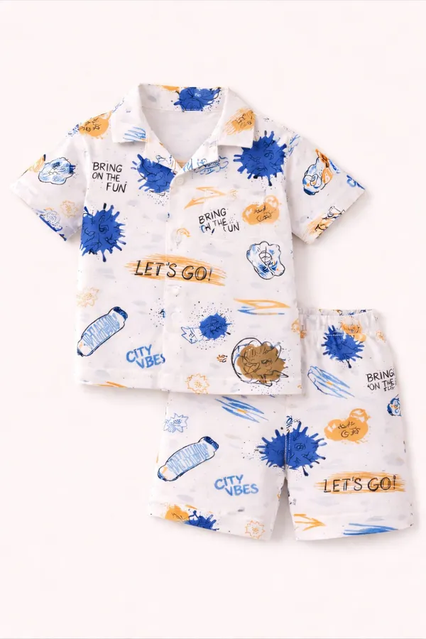 White_Printed_Shirt_And_Shorts_Set_For_Boys