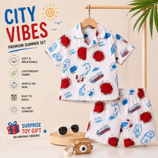 White_Printed_Regular_Fit_Shirt_And_Shorts_Set_For_Boys