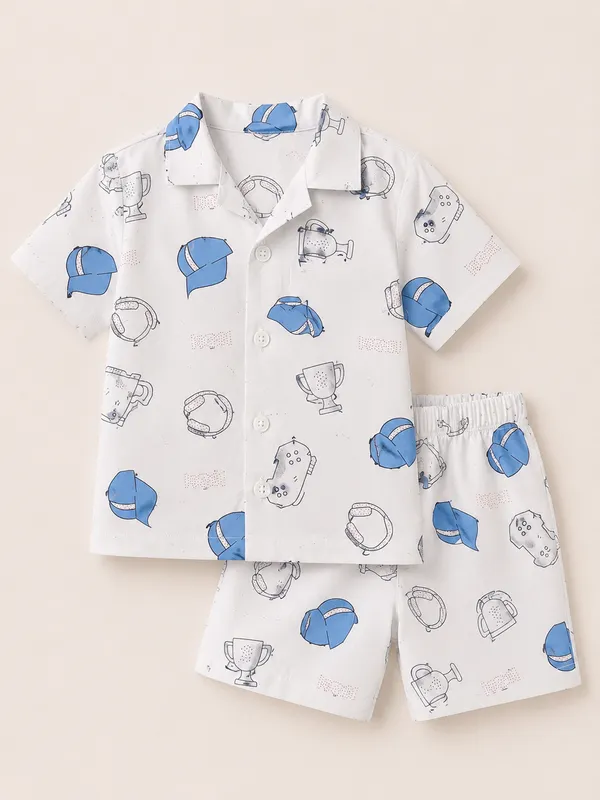 White_Printed_Short_Sleeve_Shirt_And_Shorts_Set_for_Boys