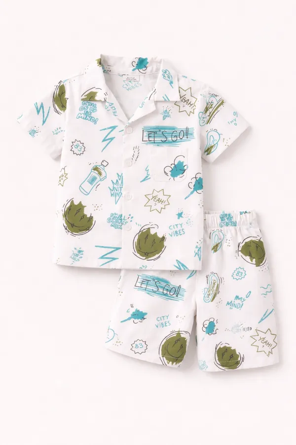 White_Printed_Casual_Shirt_And_Shorts_Set_For_Boys
