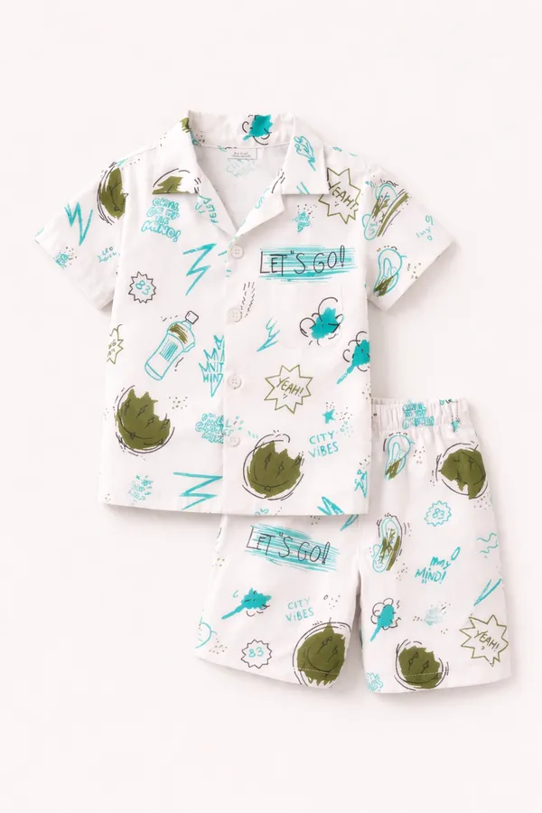 White_Printed_Shirt_And_Shorts_Set_for_Boys