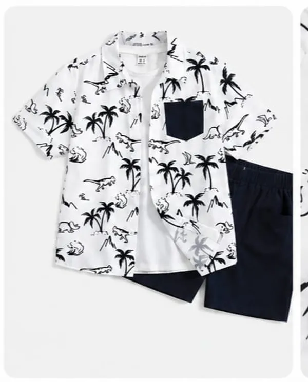 White_Printed_Shirt_And_Navy_Shorts_Set_for_Boys