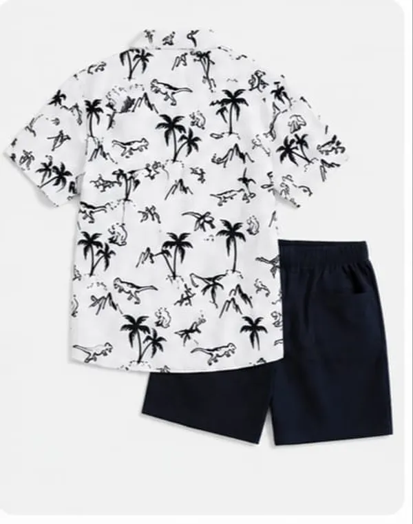 White_Printed_Shirt_And_Navy_Shorts_Set_for_Boys