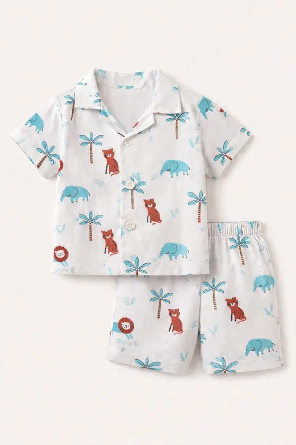 White_Printed_Short_Sleeve_Pajama_Set_For_Boys