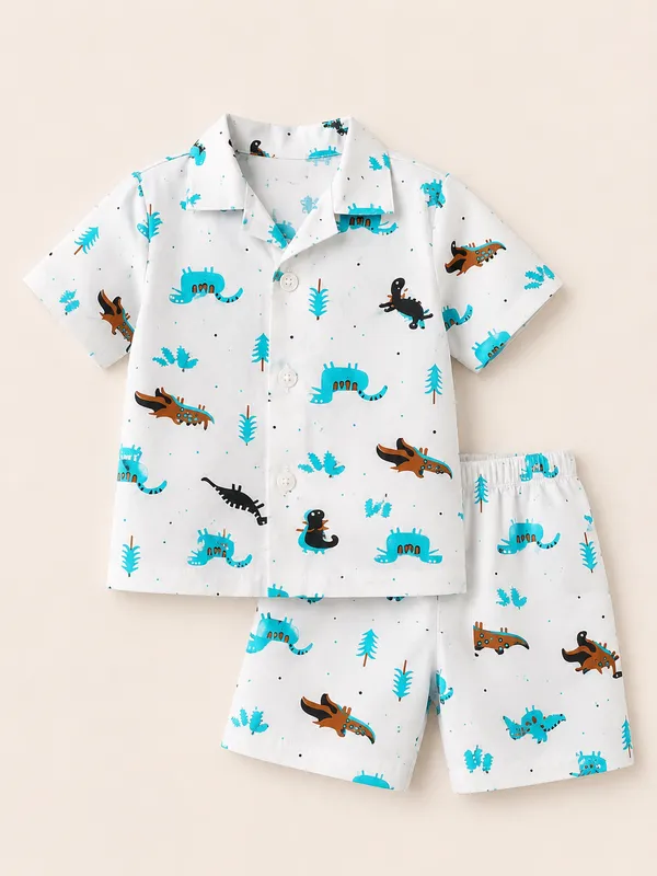 White_Printed_Shirt_And_Shorts_Set_for_Boys