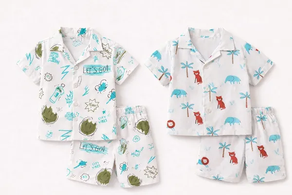 White_Printed_Short_Sleeve_Shirt_And_Shorts_Set_for_Boys