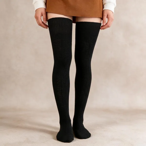Black_Cotton_Knit_Thigh_High_Socks_For_Women