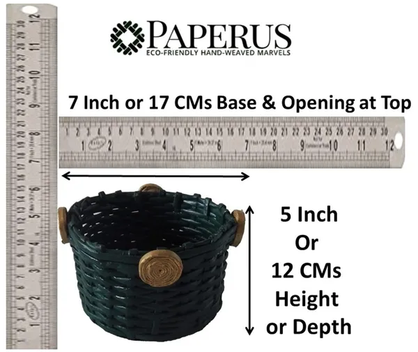 Sonas_Creation_Paperus,_Green_with_Gold_Rings,_Small,_Fruit_Basket,_Shelf_Basket,_Serving_Basket,_5_inch_or_12_CM_Tall_&_7_inch_or_15_CM_Diameter,_Eco-Friendly,_Handmade,_of_Paper_Ropes