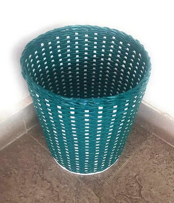 Sonas_Creation_Paperus_Small,_Laundry_Basket,_Laundry_Hamper,_Toys_Storage_Basket,_Dark_Green_with_White)_25_Liters,_13_Inches_Tall,_Eco_Friendly,_Handmade,_of_Paper_Ropes