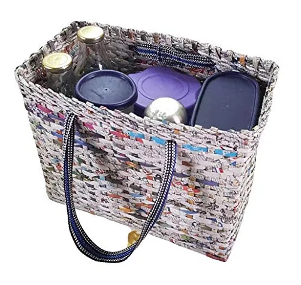 Sonas_Creation_Paperus,_Large,_Lunch_Bag_with_Lid,_Picnic_Basket_with_Cover,_Tiffin_Basket_for_office,_Eco-friendly,_Handmade,_of_Paper_Ropes,_Ht._11,_Lth._14,_Base_7_inch_(Natural_with_Green_Stripes)