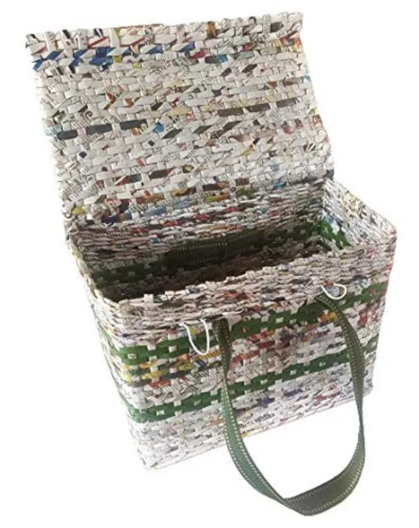 Sonas_Creation_Paperus,_Large,_Lunch_Bag_with_Lid,_Picnic_Basket_with_Cover,_Tiffin_Basket_for_office,_Eco-friendly,_Handmade,_of_Paper_Ropes,_Ht._11,_Lth._14,_Base_7_inch_(Natural_with_Green_Stripes)