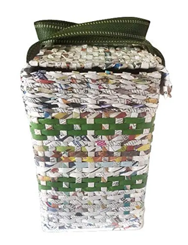 Sonas_Creation_Paperus,_Large,_Lunch_Bag_with_Lid,_Picnic_Basket_with_Cover,_Tiffin_Basket_for_office,_Eco-friendly,_Handmade,_of_Paper_Ropes,_Ht._11,_Lth._14,_Base_7_inch_(Natural_with_Green_Stripes)