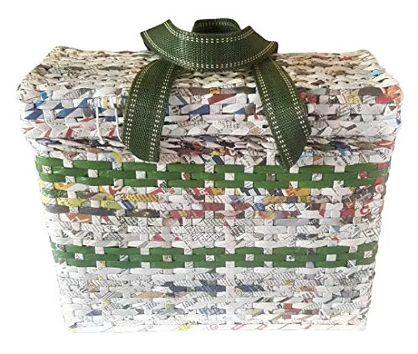 Sonas_Creation_Paperus,_Large,_Lunch_Bag_with_Lid,_Picnic_Basket_with_Cover,_Tiffin_Basket_for_office,_Eco-friendly,_Handmade,_of_Paper_Ropes,_Ht._11,_Lth._14,_Base_7_inch_(Natural_with_Green_Stripes)