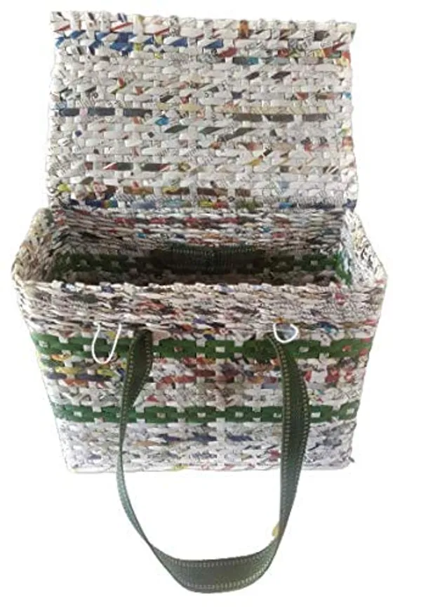 Sonas_Creation_Paperus,_Large,_Lunch_Bag_with_Lid,_Picnic_Basket_with_Cover,_Tiffin_Basket_for_office,_Eco-friendly,_Handmade,_of_Paper_Ropes,_Ht._11,_Lth._14,_Base_7_inch_(Natural_with_Green_Stripes)