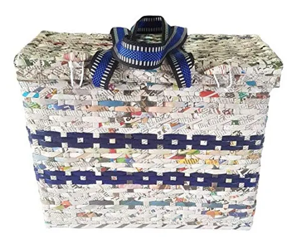 Sonas_Creation_Paperus,_Large,_Lunch_Bag_with_Lid,_Picnic_Basket_with_Cover,_Tiffin_Basket_for_Office,_Eco-Friendly,_Handmade,_of_Paper_Ropes,_Ht._11,_LTH._14,_Base_7_inch_(Natural_with_Blue_Stripes)