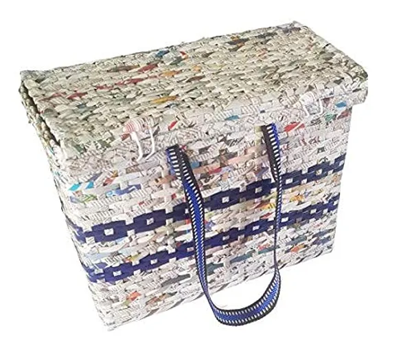 Sonas_Creation_Paperus,_Large,_Lunch_Bag_with_Lid,_Picnic_Basket_with_Cover,_Tiffin_Basket_for_Office,_Eco-Friendly,_Handmade,_of_Paper_Ropes,_Ht._11,_LTH._14,_Base_7_inch_(Natural_with_Blue_Stripes)