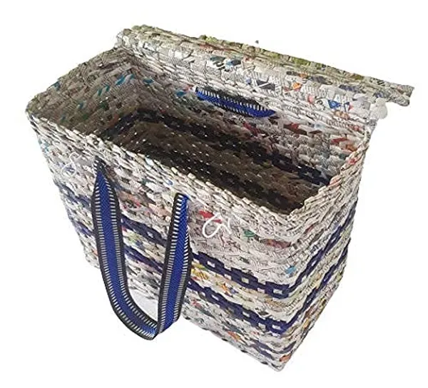 Sonas_Creation_Paperus,_Large,_Lunch_Bag_with_Lid,_Picnic_Basket_with_Cover,_Tiffin_Basket_for_Office,_Eco-Friendly,_Handmade,_of_Paper_Ropes,_Ht._11,_LTH._14,_Base_7_inch_(Natural_with_Blue_Stripes)