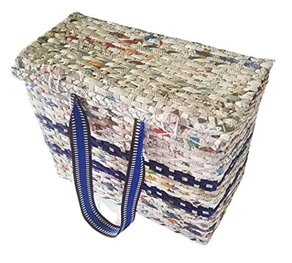Sonas_Creation_Paperus,_Large,_Lunch_Bag_with_Lid,_Picnic_Basket_with_Cover,_Tiffin_Basket_for_Office,_Eco-Friendly,_Handmade,_of_Paper_Ropes,_Ht._11,_LTH._14,_Base_7_inch_(Natural_with_Blue_Stripes)