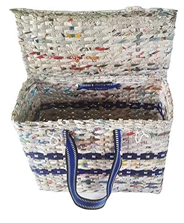 Sonas_Creation_Paperus,_Large,_Lunch_Bag_with_Lid,_Picnic_Basket_with_Cover,_Tiffin_Basket_for_Office,_Eco-Friendly,_Handmade,_of_Paper_Ropes,_Ht._11,_LTH._14,_Base_7_inch_(Natural_with_Blue_Stripes)