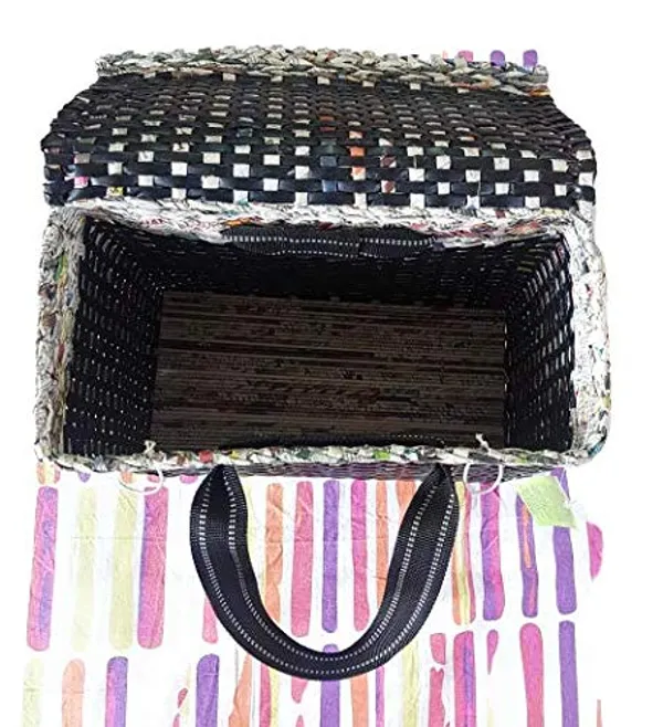 Sonas_Creation_PAPERUS_Large_Carry_Bag_with_Lid/Cover,_Picnic_Basket,_Lunch_Bag,_Tiffin_Basket,_Handbag_for_Lunch_Box,_Water_Bottle,_Eco-Friendly_Handmade_of_Paper_Ropes_H_11,_L_14,_B_7_Inch_(Black)