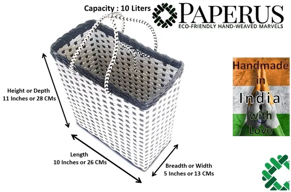 _Paperus,_SMALL,_COMPACT,_White_&_Grey_Lunch_Bag,_Carry_Bag,_Shopping_Bag,_Handbag,_Tiffin_Bag,_Eco-friendly,_Handmade,_of_Paper_Ropes_11_In_Tall_10_In_Length_5_In_Wide_Base