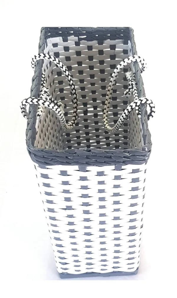 _Paperus,_SMALL,_COMPACT,_White_&_Grey_Lunch_Bag,_Carry_Bag,_Shopping_Bag,_Handbag,_Tiffin_Bag,_Eco-friendly,_Handmade,_of_Paper_Ropes_11_In_Tall_10_In_Length_5_In_Wide_Base