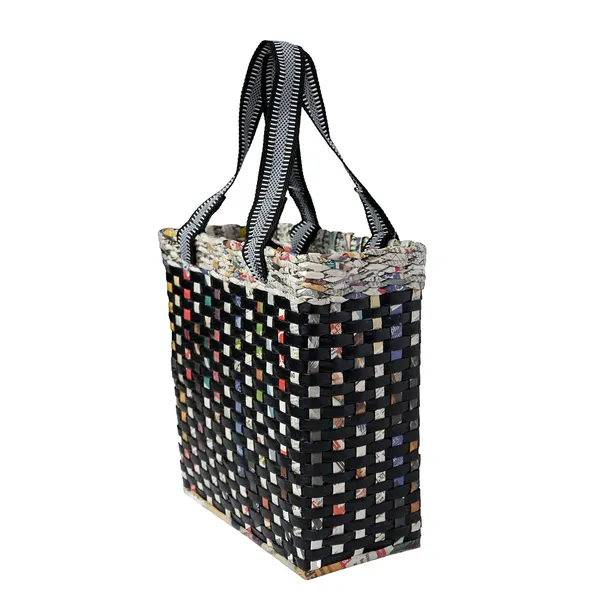 Sonas_Creation_Paperus_Re-usable_Small_Black_Check_Carry_Bag,_Shopping_Bag,_Handbag,_Tiffin_Basket,_Lunch_Bag,_Eco-friendly,_Handmade,_of_Paper_Ropes_11_In_Tall_10_In_Length_5_In_Wide_Base