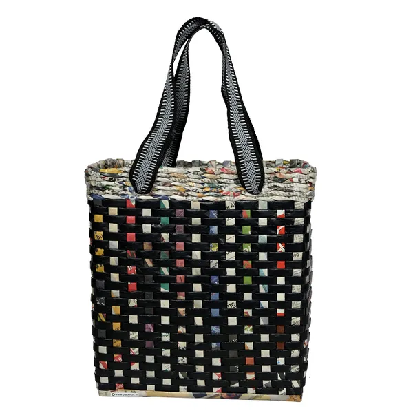 Sonas_Creation_Paperus_Re-usable_Small_Black_Check_Carry_Bag,_Shopping_Bag,_Handbag,_Tiffin_Basket,_Lunch_Bag,_Eco-friendly,_Handmade,_of_Paper_Ropes_11_In_Tall_10_In_Length_5_In_Wide_Base