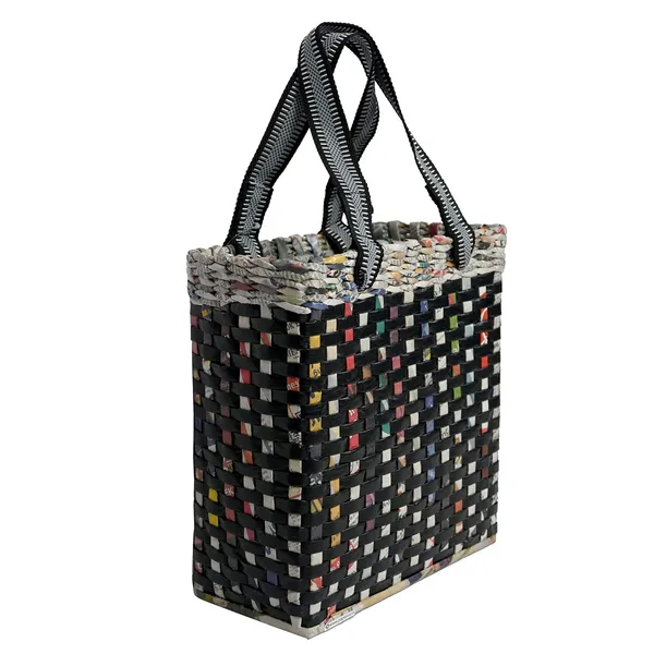 Sonas_Creation_Paperus_Re-usable_Small_Black_Check_Carry_Bag,_Shopping_Bag,_Handbag,_Tiffin_Basket,_Lunch_Bag,_Eco-friendly,_Handmade,_of_Paper_Ropes_11_In_Tall_10_In_Length_5_In_Wide_Base