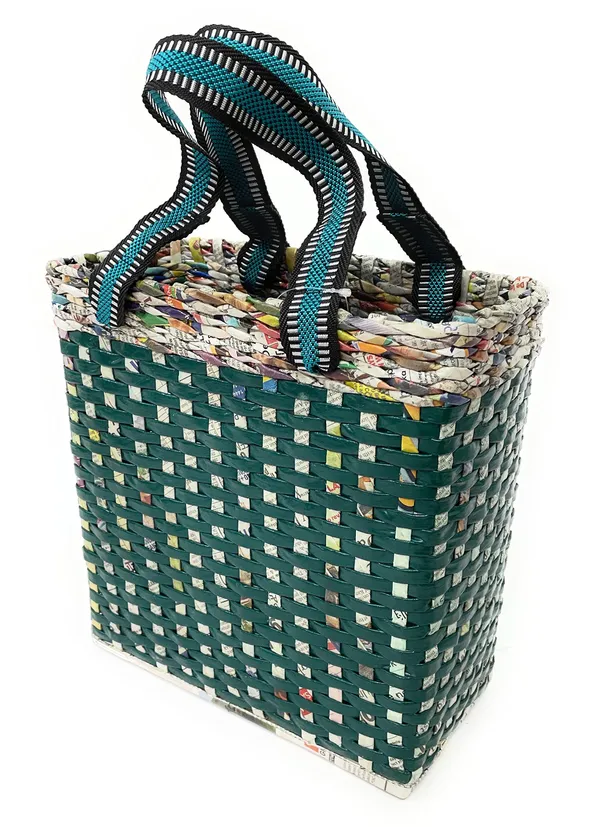 _PAPERUS_Re-usable_Small_Green_Check_Carry_Bag_|_Shopping_Bag_|_Handbag_|_Tiffin_Basket_|_Lunch_Bag,_Eco-Friendly_Handmade_of_Paper_Ropes_11_in_Tall_10_in_Length_5_in_Wide_Base