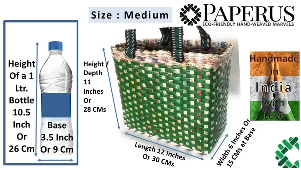 Sonas_Creation_PAPERUS_Re-usable_Small_Green_Check_Carry_Bag_|_Shopping_Bag_|_Handbag_|_Tiffin_Basket_|_Lunch_Bag,_Eco-Friendly_Handmade_of_Paper_Ropes_11_in_Tall_10_in_Length_5_in_Wide_Base