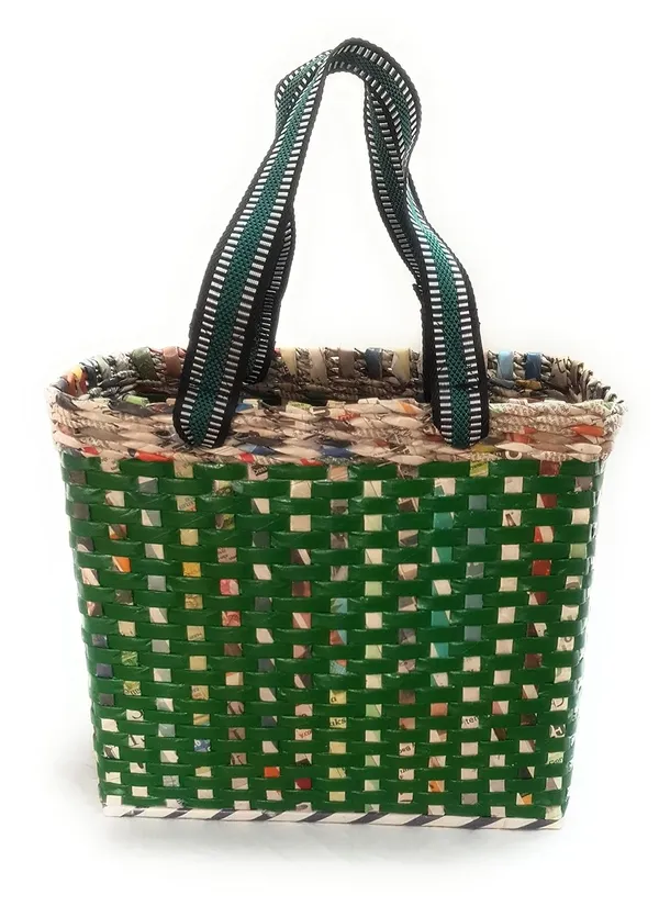 Sonas_Creation_PAPERUS_Re-usable_Small_Green_Check_Carry_Bag_|_Shopping_Bag_|_Handbag_|_Tiffin_Basket_|_Lunch_Bag,_Eco-Friendly_Handmade_of_Paper_Ropes_11_in_Tall_10_in_Length_5_in_Wide_Base