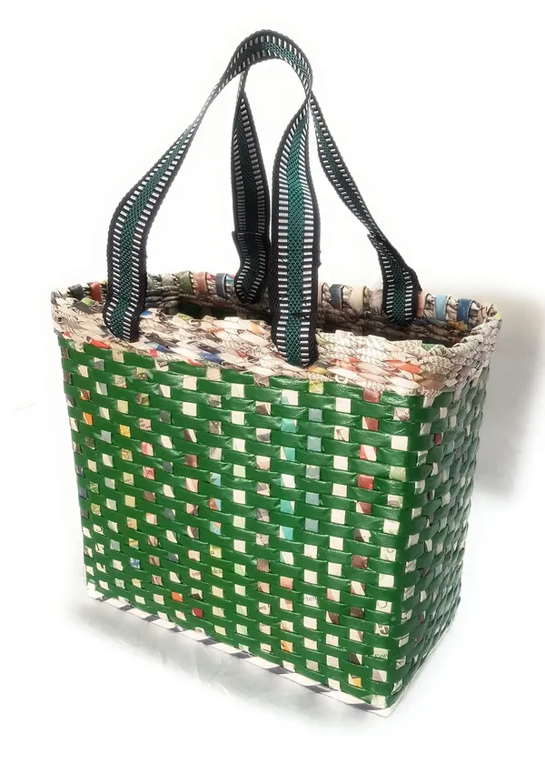 Sonas_Creation_PAPERUS_Re-usable_Small_Green_Check_Carry_Bag_|_Shopping_Bag_|_Handbag_|_Tiffin_Basket_|_Lunch_Bag,_Eco-Friendly_Handmade_of_Paper_Ropes_11_in_Tall_10_in_Length_5_in_Wide_Base